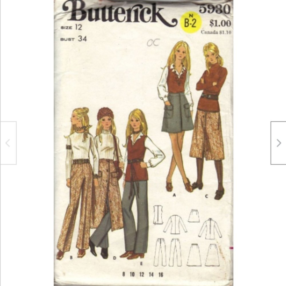Vtg Butterick Sewing Pattern #5930 Ladies Clothing Trousers Tunic Top 1970s